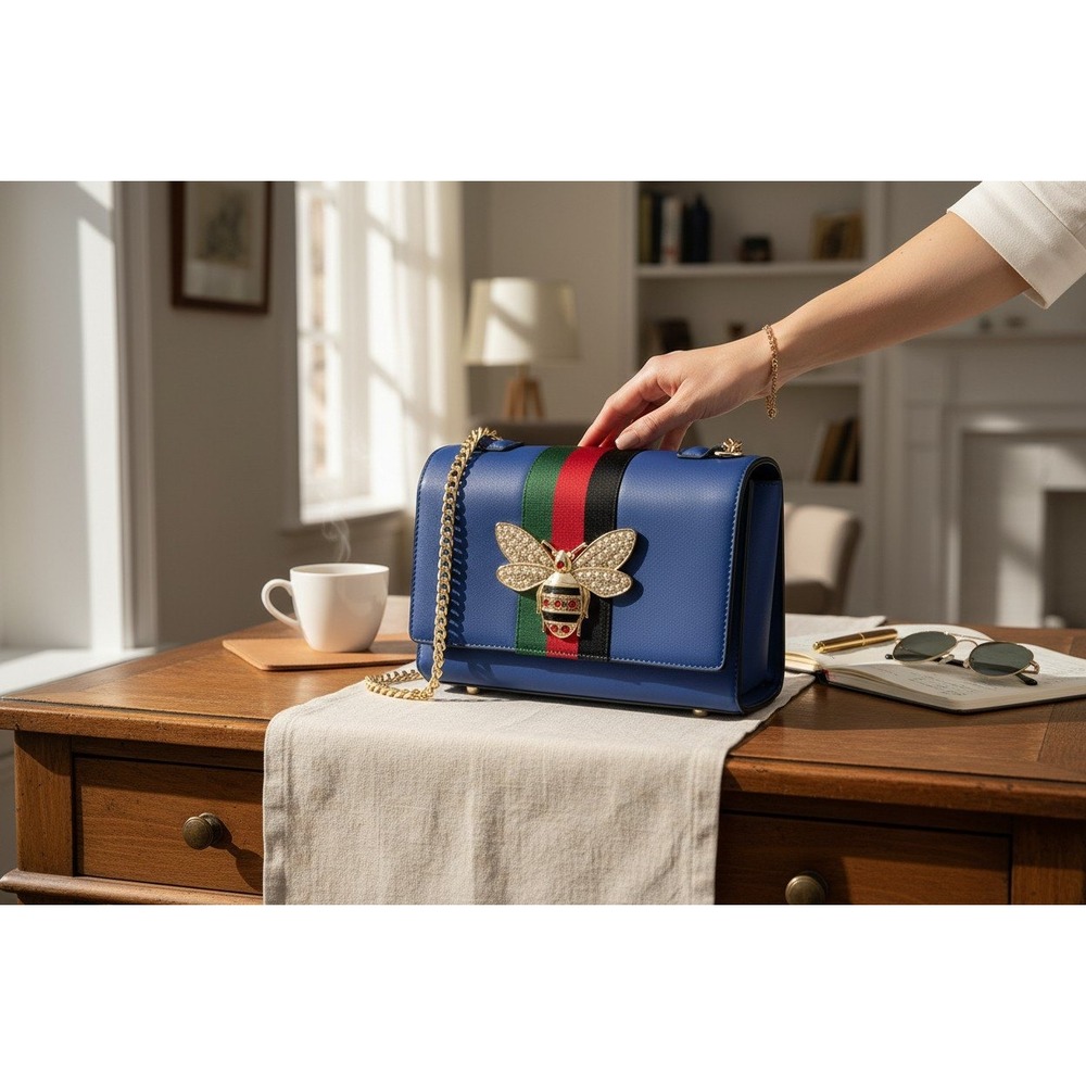 Bee Embellished Handbag & Wallet Set Womens Medium Blue Brand New Vegan